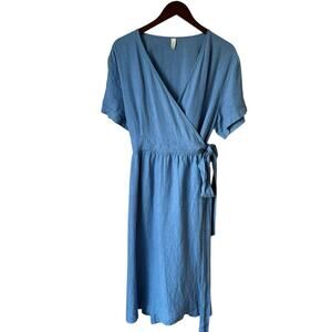Grae Cove Linen Midi Wrap Elegant Blue Dress Size XL